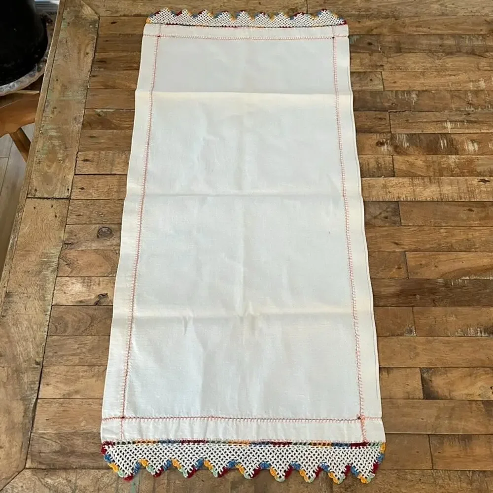 Vintage Handmade Cream Linen Table Runner Colorful Crochet Lace Edge